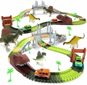New EagleStone Dinosaur Toys Race Track Set 194 PCS for Kids, Flexible Train Tracks with 2 Dinosaurs Figures,1 Bridge,2 Electric Cars Vehicle Playset with LED Lights!