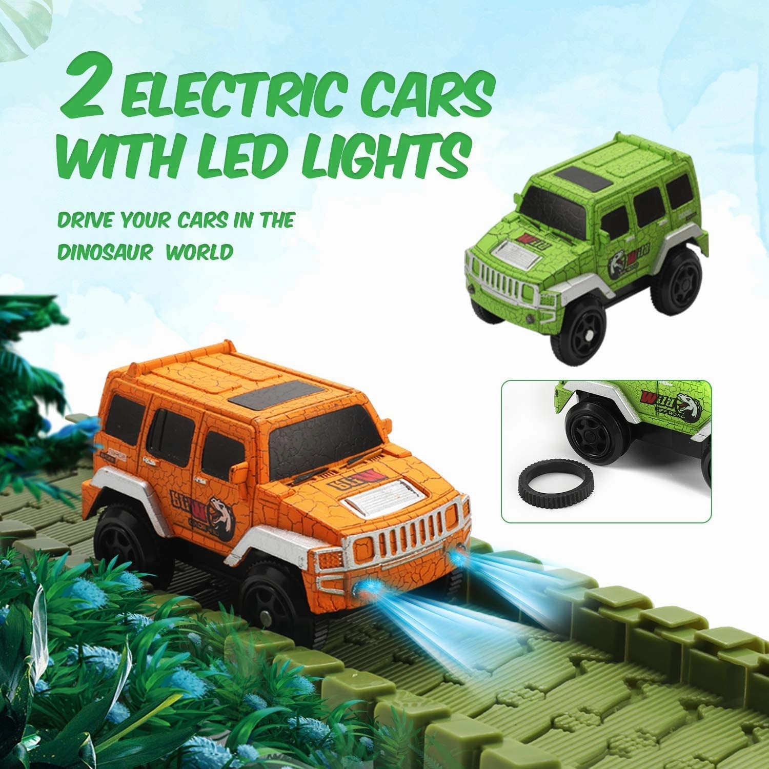 New EagleStone Dinosaur Toys Race Track Set 194 PCS for Kids, Flexible Train Tracks with 2 Dinosaurs Figures,1 Bridge,2 Electric Cars Vehicle Playset with LED Lights!