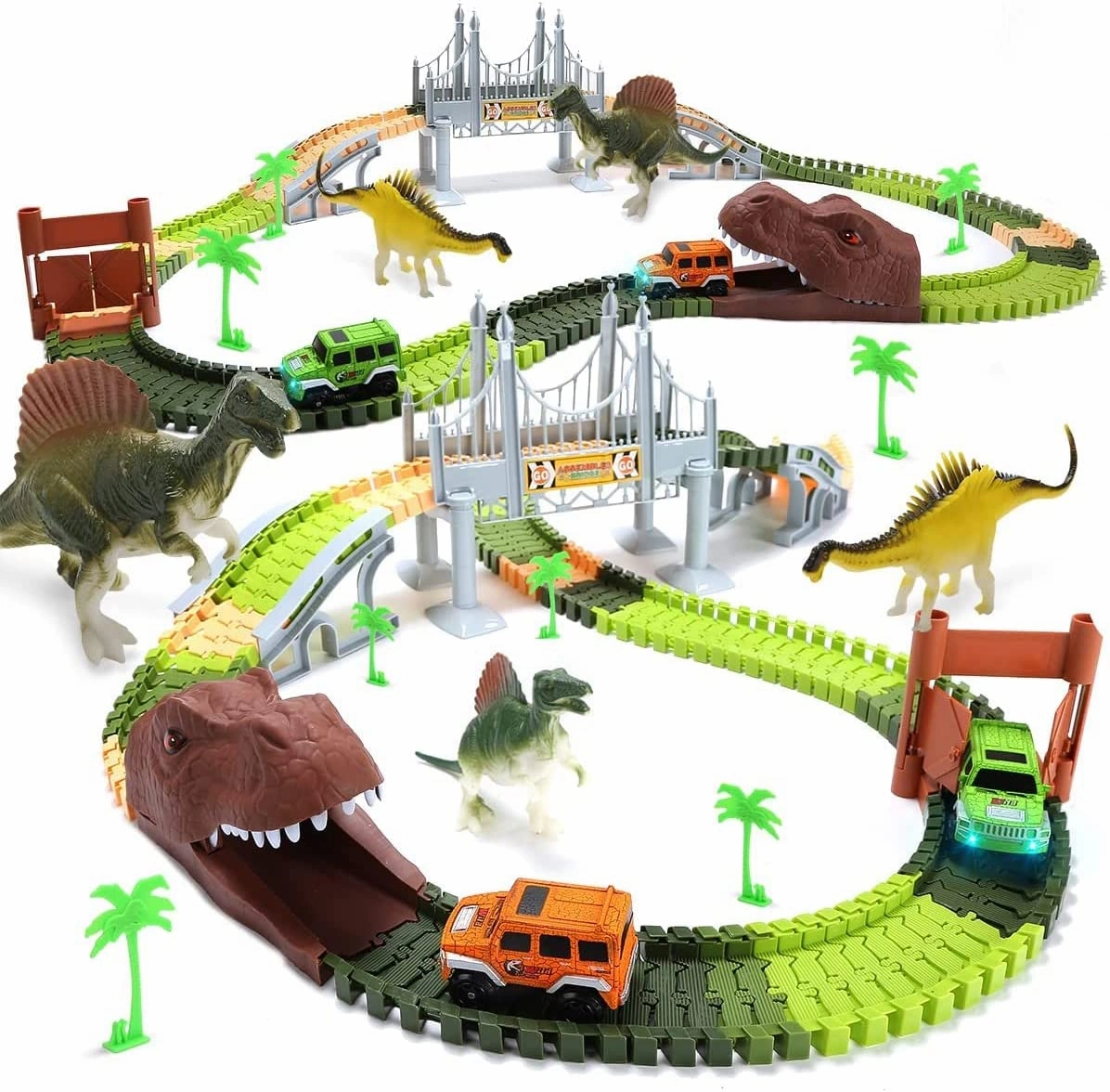New EagleStone Dinosaur Toys Race Track Set 194 PCS for Kids, Flexible Train Tracks with 2 Dinosaurs Figures,1 Bridge,2 Electric Cars Vehicle Playset with LED Lights!