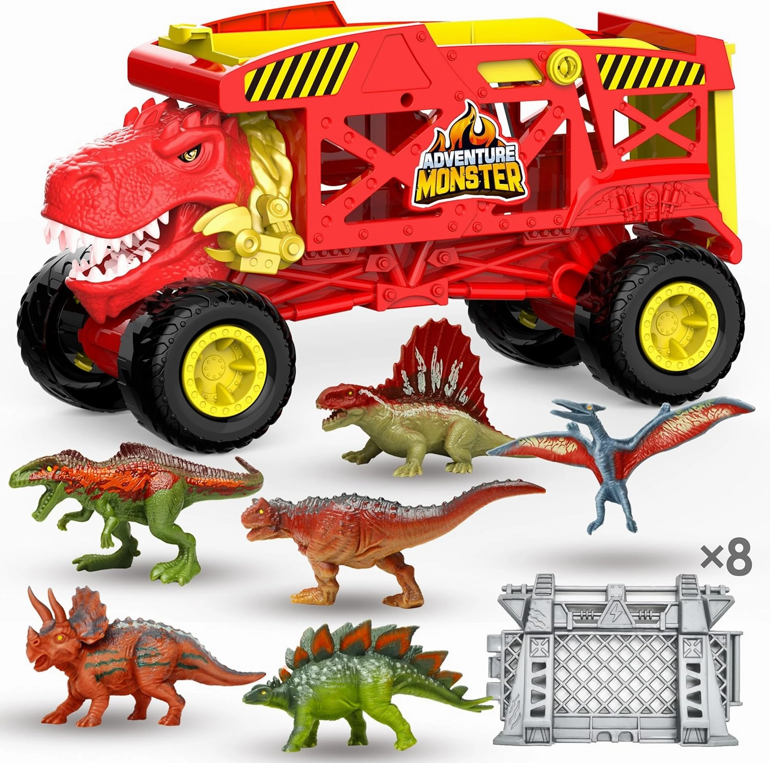 NEW Retails $89, Dinosaur Toys Transport Truck Playset for Kids, Red Tyrannosaurus Vehicle Carrier Truck Toys for 3 4 5 6 7 Years Old Kids, T-Rex Car Toy with 6 Dino Figures & Fences, Gift for Toddlers Boys Girls, Red