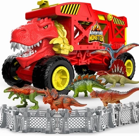 NEW Retails $89, Dinosaur Toys Transport Truck Playset for Kids, Red Tyrannosaurus Vehicle Carrier Truck Toys for 3 4 5 6 7 Years Old Kids, T-Rex Car Toy with 6 Dino Figures & Fences, Gift for Toddlers Boys Girls, Red