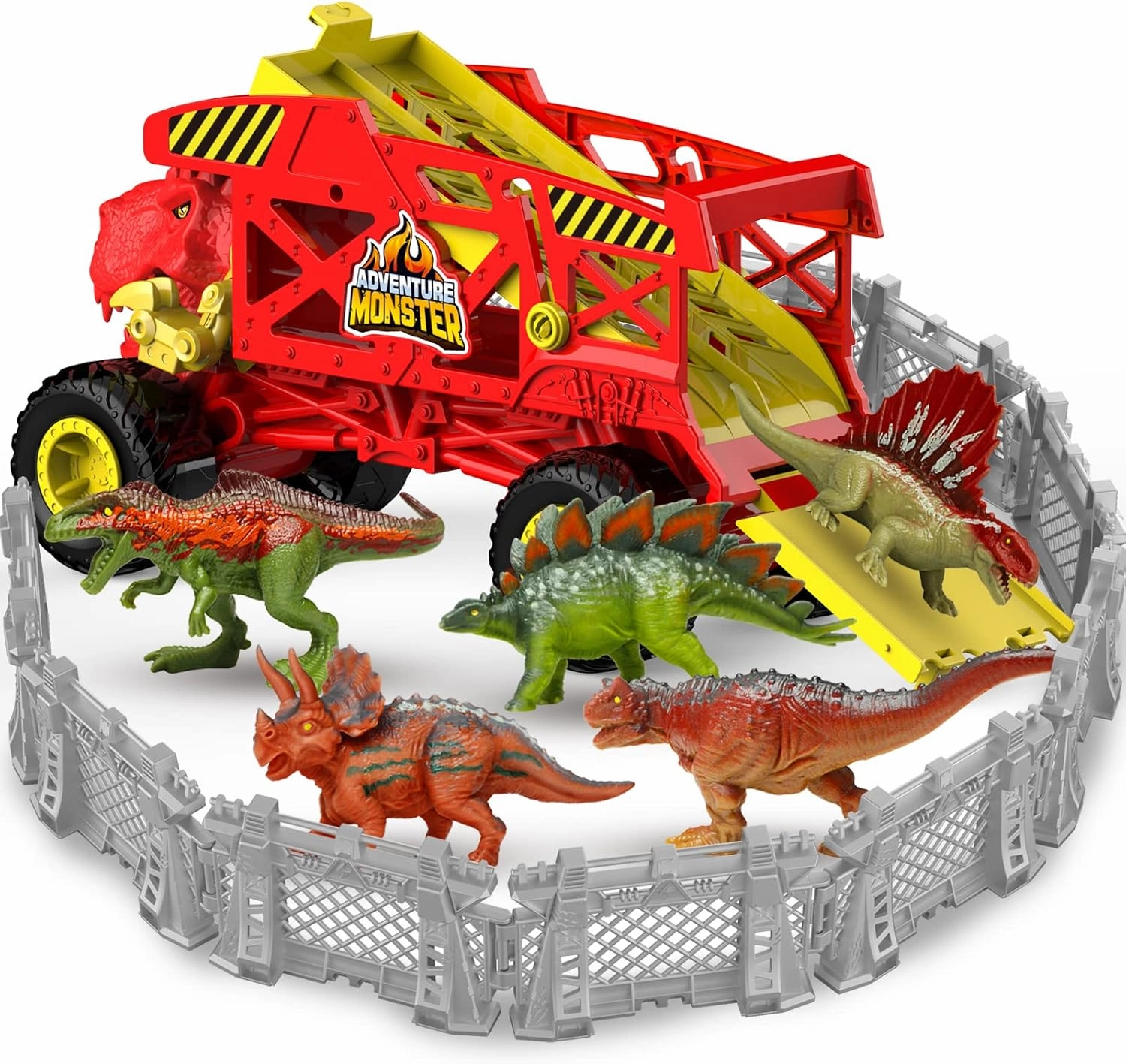 NEW Retails $89, Dinosaur Toys Transport Truck Playset for Kids, Red Tyrannosaurus Vehicle Carrier Truck Toys for 3 4 5 6 7 Years Old Kids, T-Rex Car Toy with 6 Dino Figures & Fences, Gift for Toddlers Boys Girls, Red