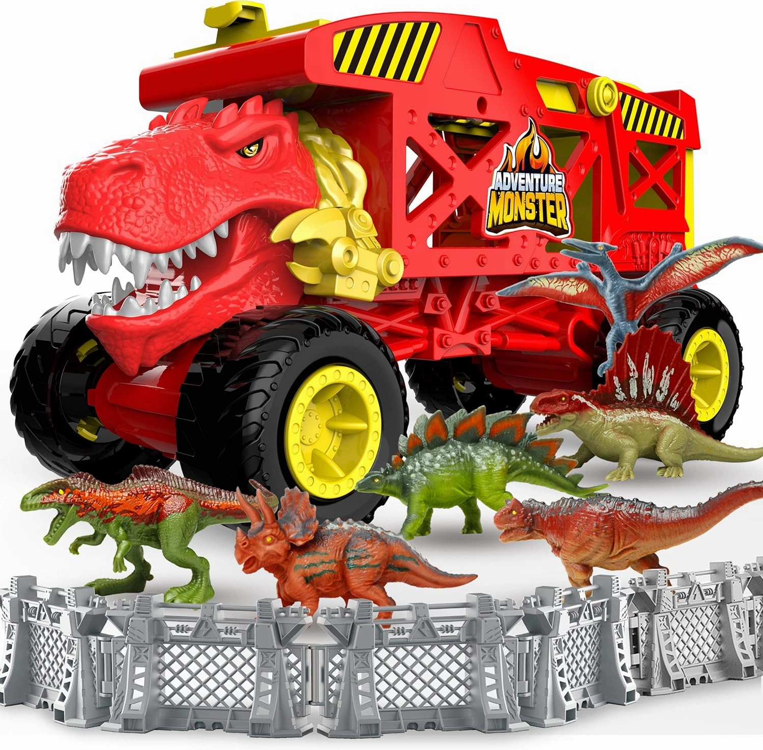 NEW Retails $89, Dinosaur Toys Transport Truck Playset for Kids, Red Tyrannosaurus Vehicle Carrier Truck Toys for 3 4 5 6 7 Years Old Kids, T-Rex Car Toy with 6 Dino Figures & Fences, Gift for Toddlers Boys Girls, Red
