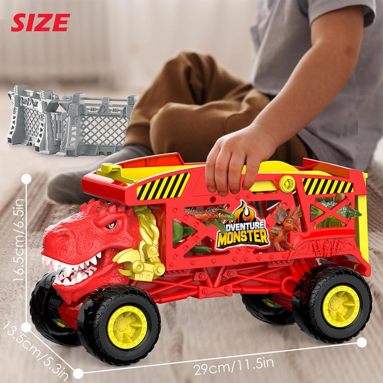 NEW Retails $89, Dinosaur Toys Transport Truck Playset for Kids, Red Tyrannosaurus Vehicle Carrier Truck Toys for 3 4 5 6 7 Years Old Kids, T-Rex Car Toy with 6 Dino Figures & Fences, Gift for Toddlers Boys Girls, Red