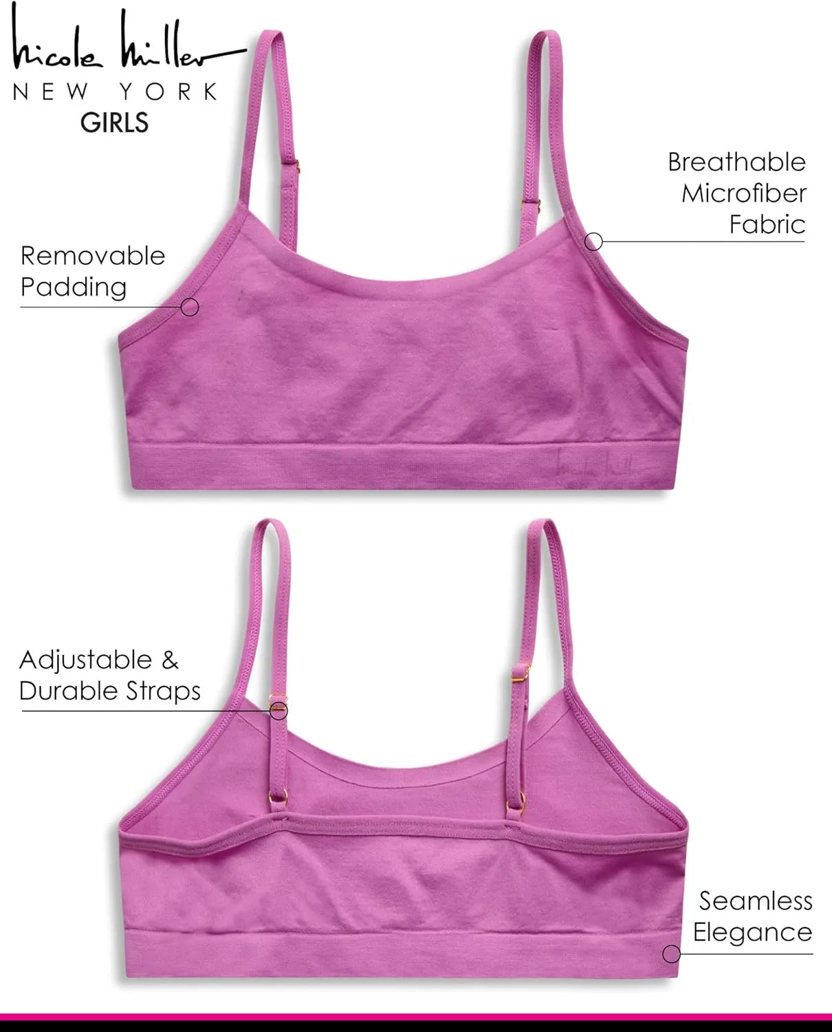 Nicole Miller Girls Training Bra -3 Pack/6 Pack Seamless Padded Bralette Underwear for Girls with Removable Pads (S-XL)
