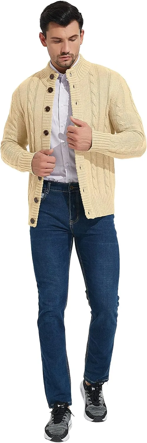 NITAGUT Mens Long Sleeve Stand Collar Cardigan Sweaters Button Down Cable Knitted Sweater