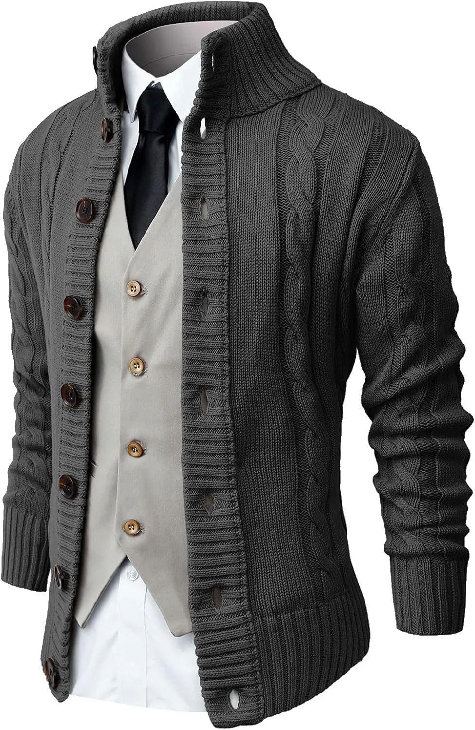 NITAGUT Mens Long Sleeve Stand Collar Cardigan Sweaters Button Down Cable Knitted Sweater