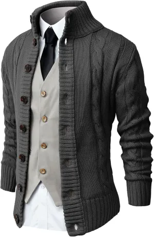 NITAGUT Mens Long Sleeve Stand Collar Cardigan Sweaters Button Down Cable Knitted Sweater