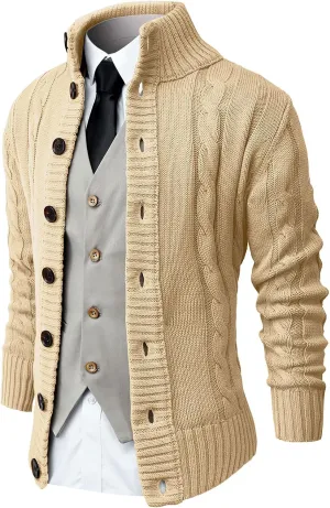 NITAGUT Mens Long Sleeve Stand Collar Cardigan Sweaters Button Down Cable Knitted Sweater