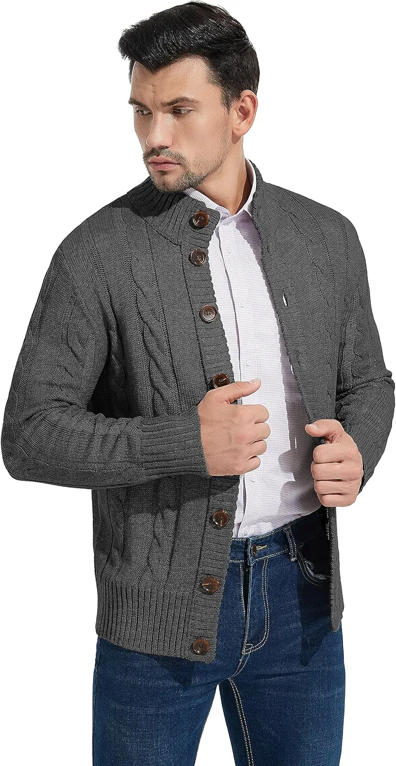 NITAGUT Mens Long Sleeve Stand Collar Cardigan Sweaters Button Down Cable Knitted Sweater