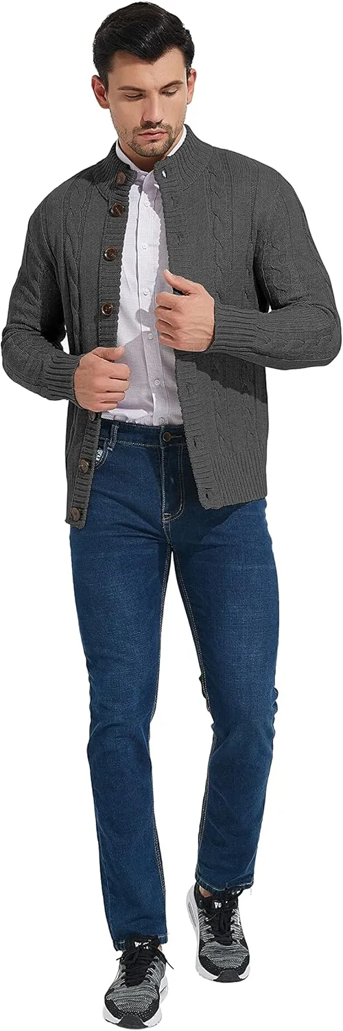 NITAGUT Mens Long Sleeve Stand Collar Cardigan Sweaters Button Down Cable Knitted Sweater