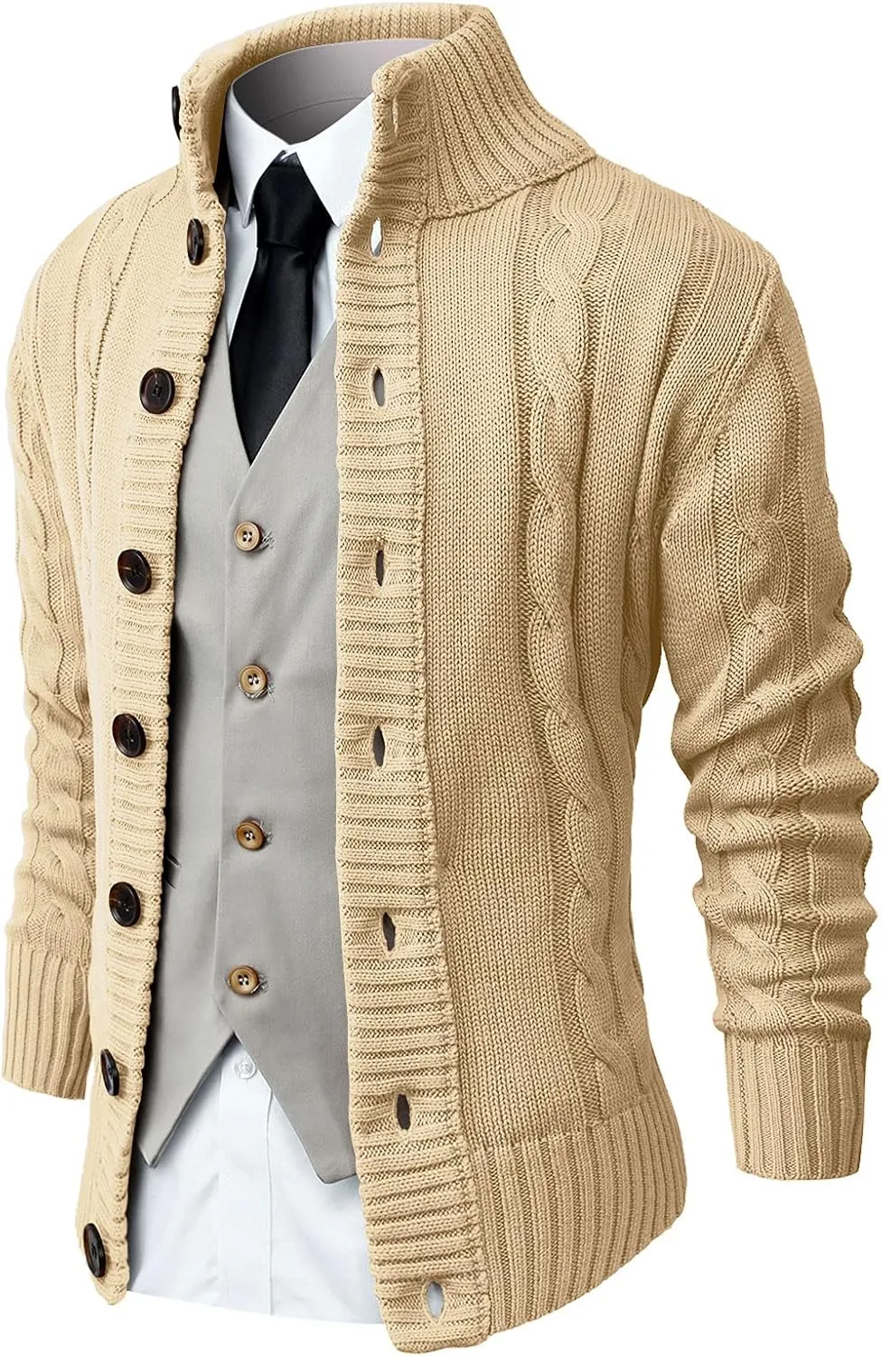 NITAGUT Mens Long Sleeve Stand Collar Cardigan Sweaters Button Down Cable Knitted Sweater