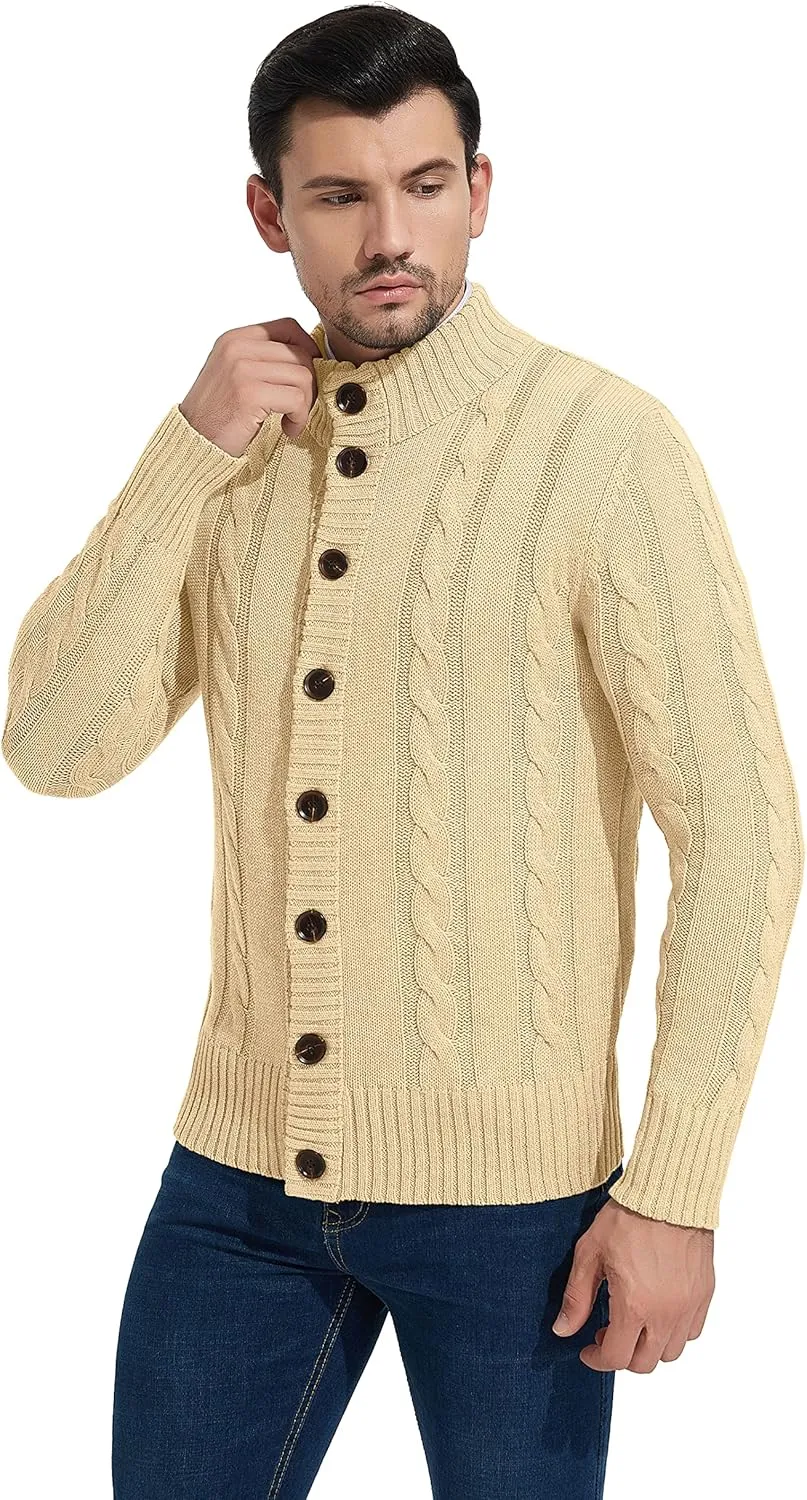 NITAGUT Mens Long Sleeve Stand Collar Cardigan Sweaters Button Down Cable Knitted Sweater