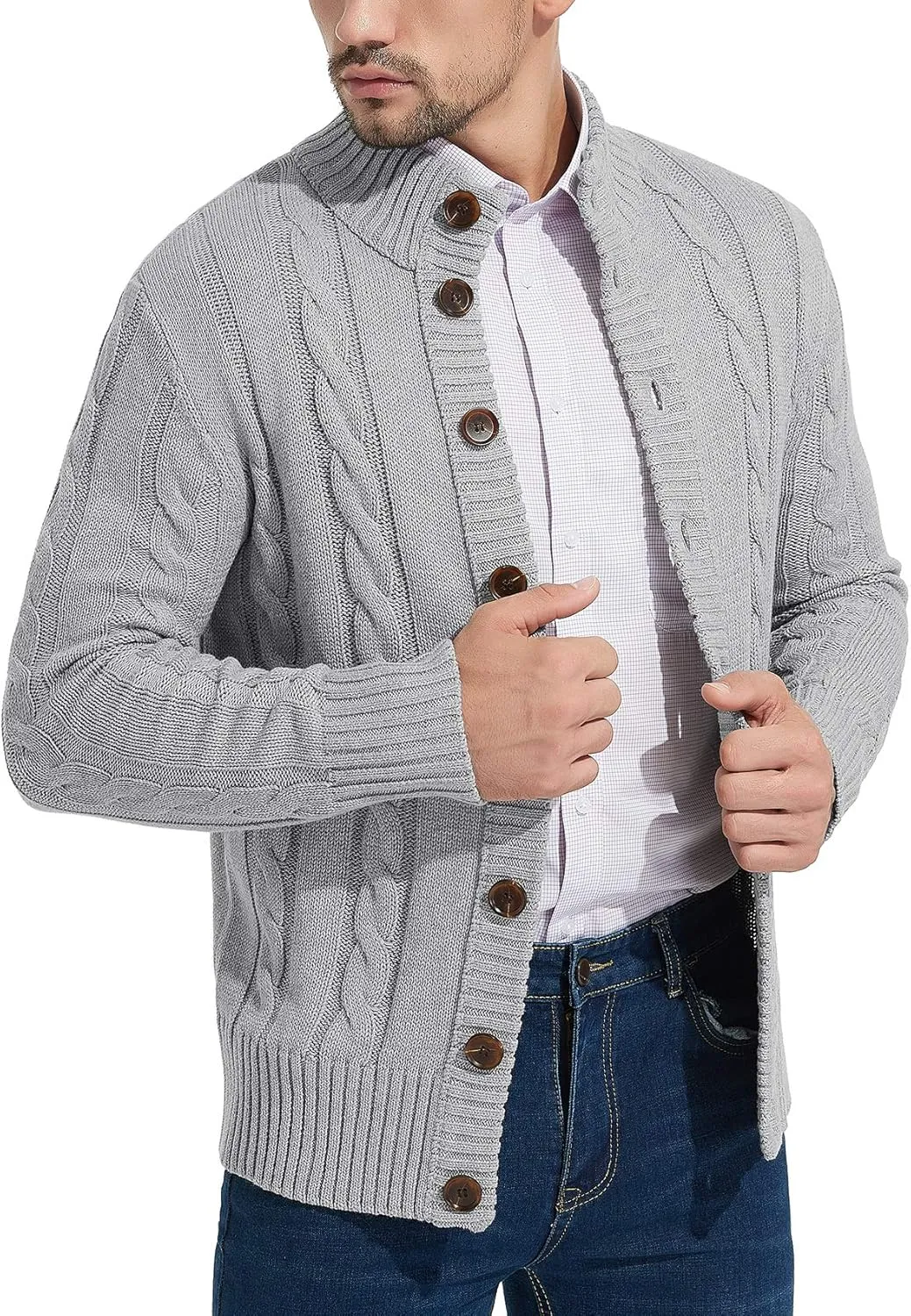 NITAGUT Mens Long Sleeve Stand Collar Cardigan Sweaters Button Down Cable Knitted Sweater
