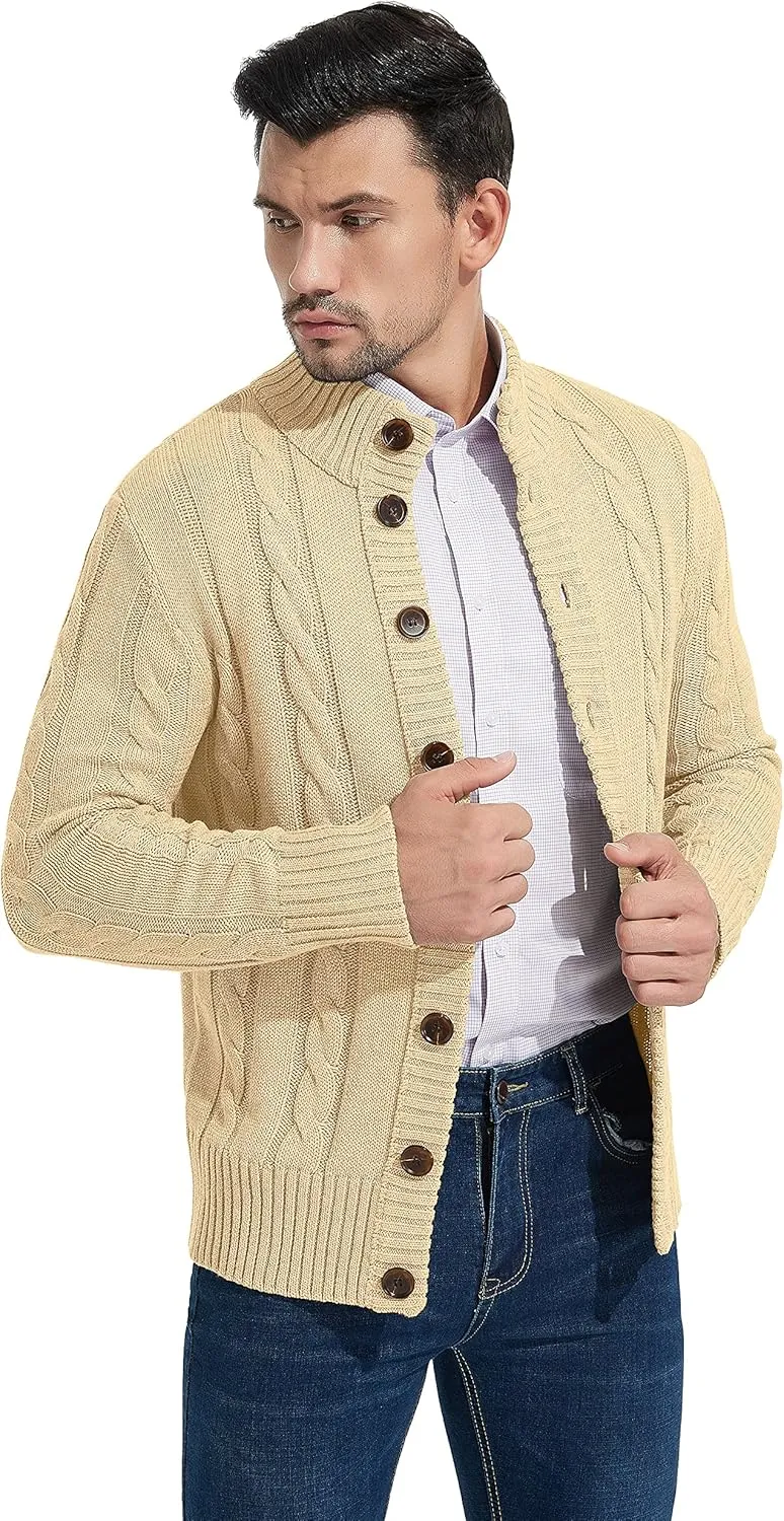 NITAGUT Mens Long Sleeve Stand Collar Cardigan Sweaters Button Down Cable Knitted Sweater