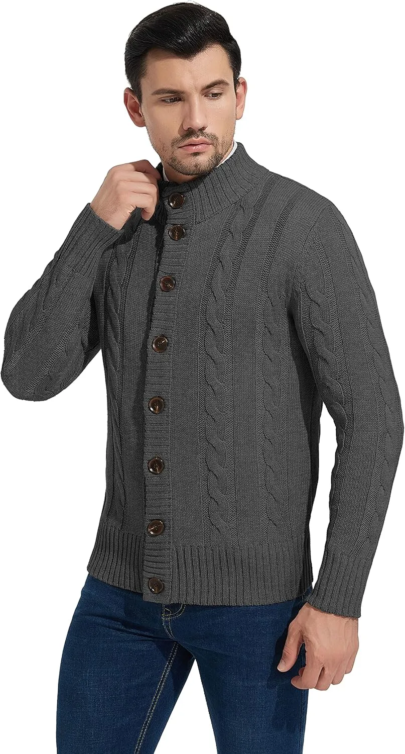 NITAGUT Mens Long Sleeve Stand Collar Cardigan Sweaters Button Down Cable Knitted Sweater