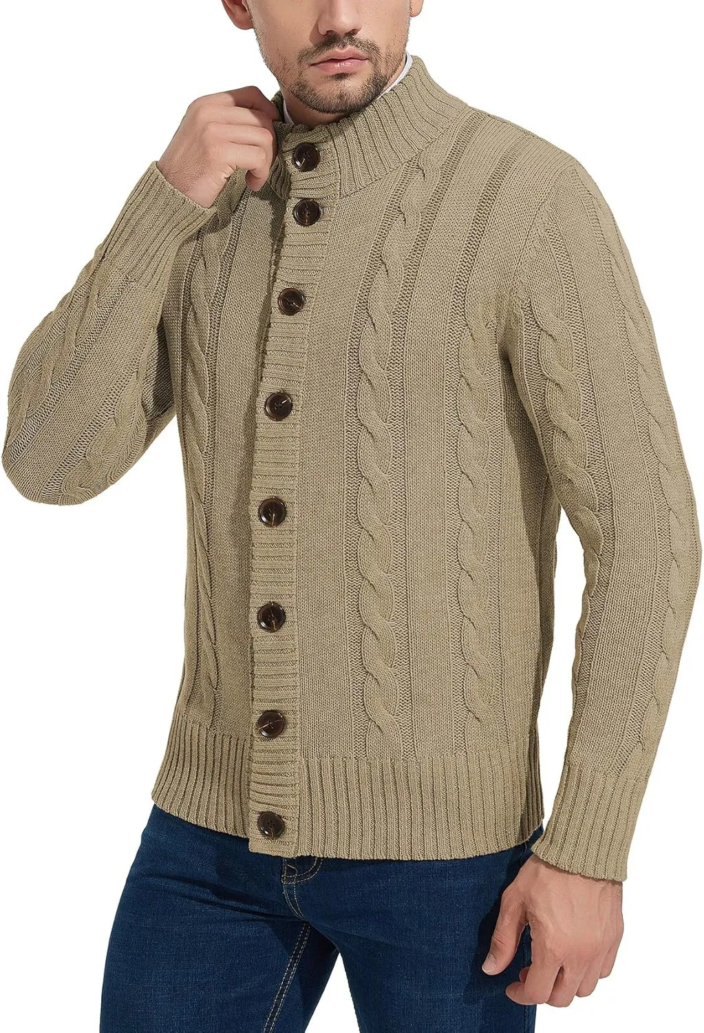 NITAGUT Mens Long Sleeve Stand Collar Cardigan Sweaters Button Down Cable Knitted Sweater