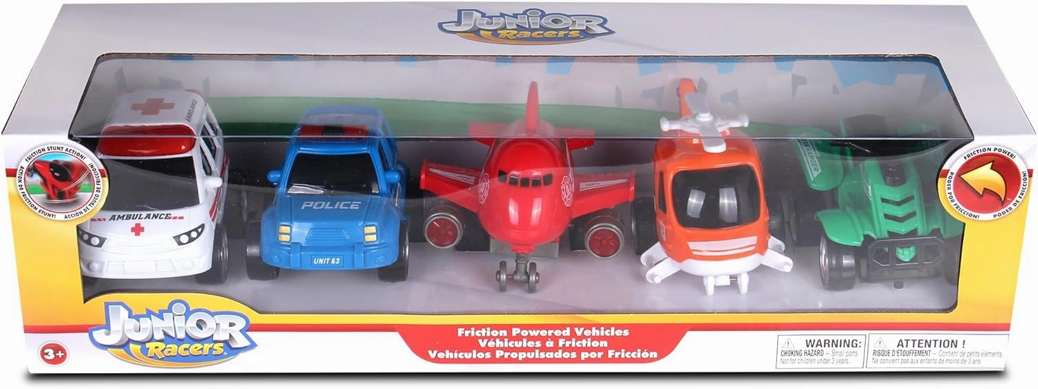 NKOK 5PK Friction Powered Rescue Vehicles; No Batteries Required; Realistic Features; Imaginative Play; Age 3 