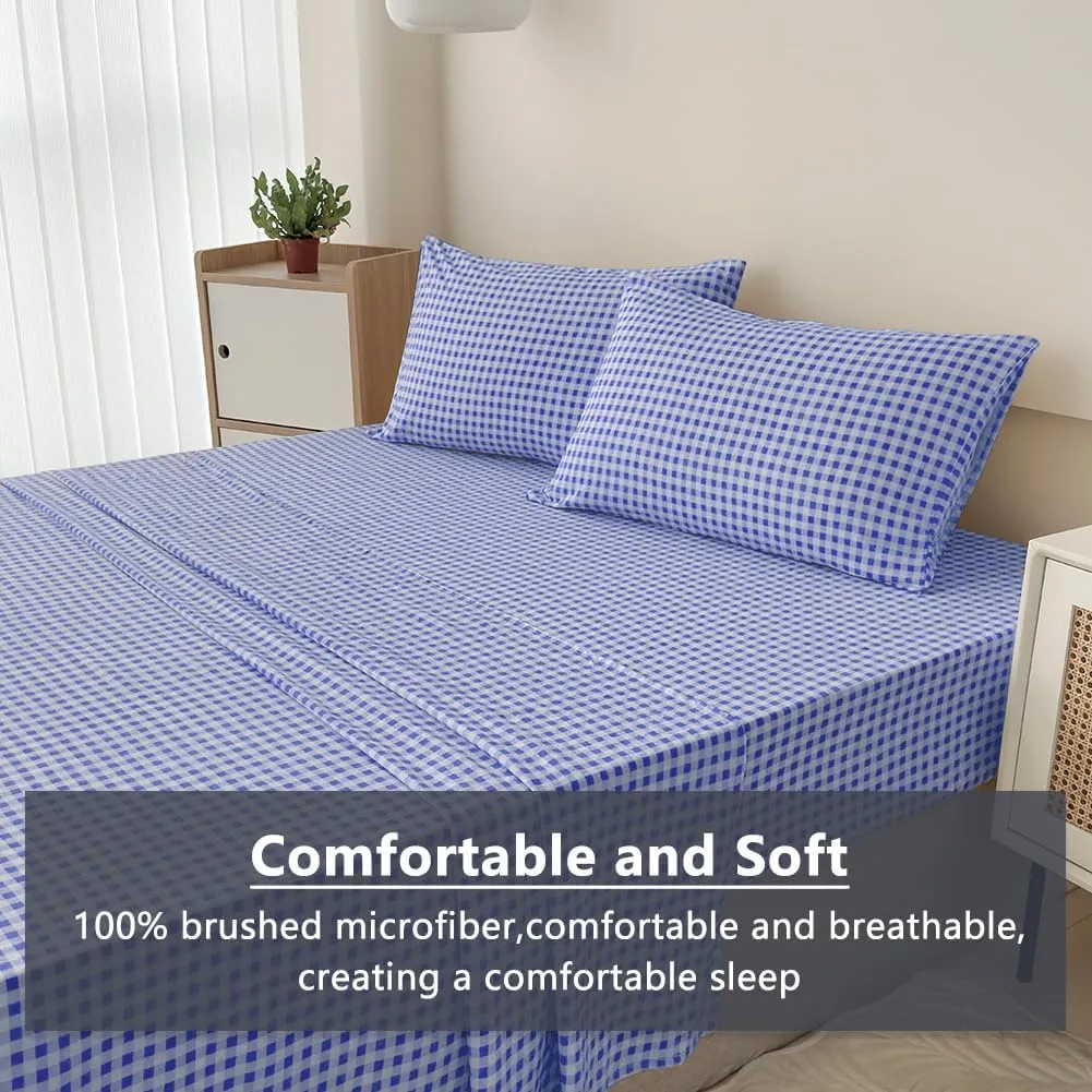 NSNLGSGC Navy Blue Gingham Queen Sheet Set, Soft Brushed Microfiber Plaid Queen Bed Sheets, 4-Pieces Grid Sheet Set with Deep Pocket
