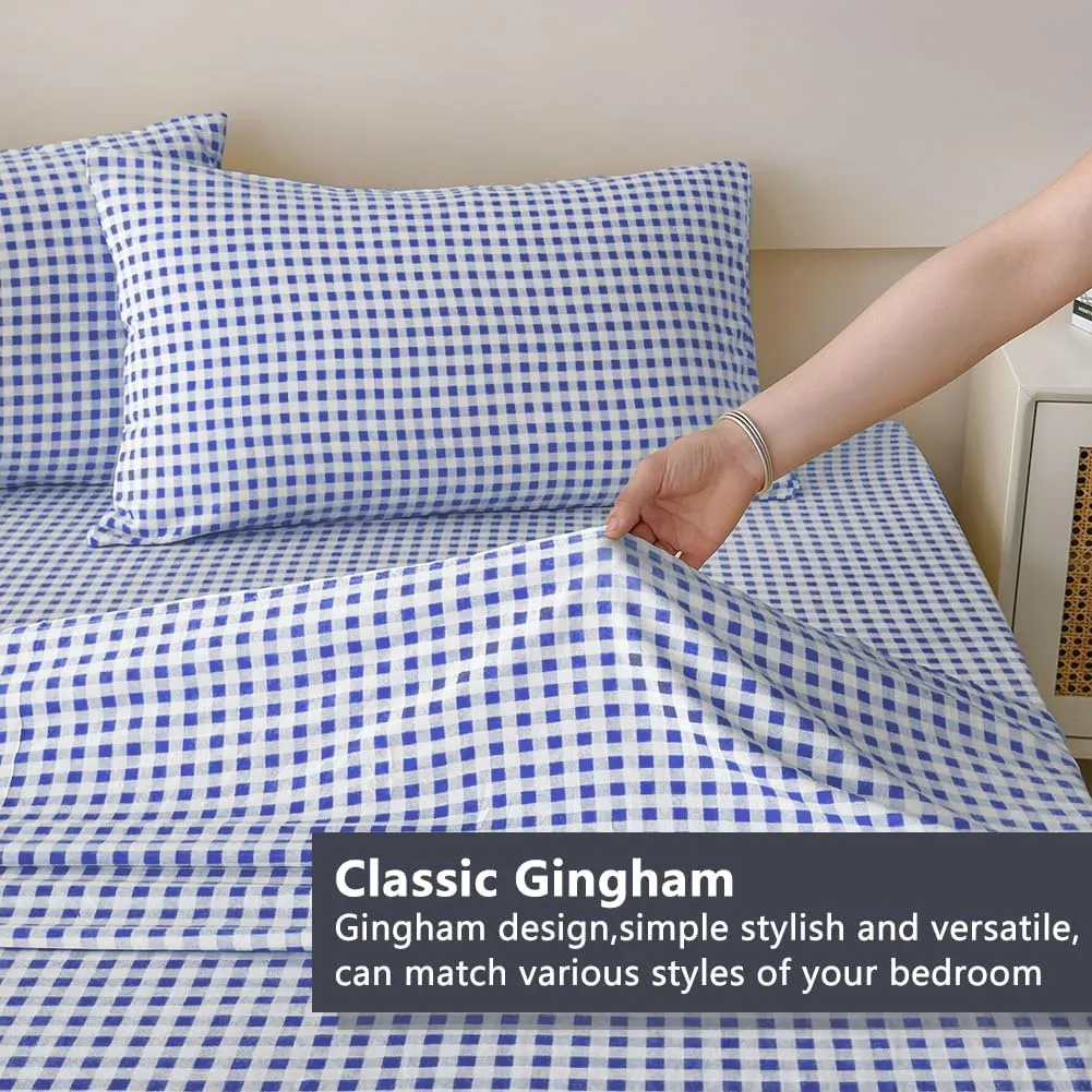 NSNLGSGC Navy Blue Gingham Queen Sheet Set, Soft Brushed Microfiber Plaid Queen Bed Sheets, 4-Pieces Grid Sheet Set with Deep Pocket