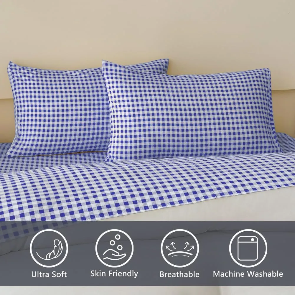 NSNLGSGC Navy Blue Gingham Queen Sheet Set, Soft Brushed Microfiber Plaid Queen Bed Sheets, 4-Pieces Grid Sheet Set with Deep Pocket