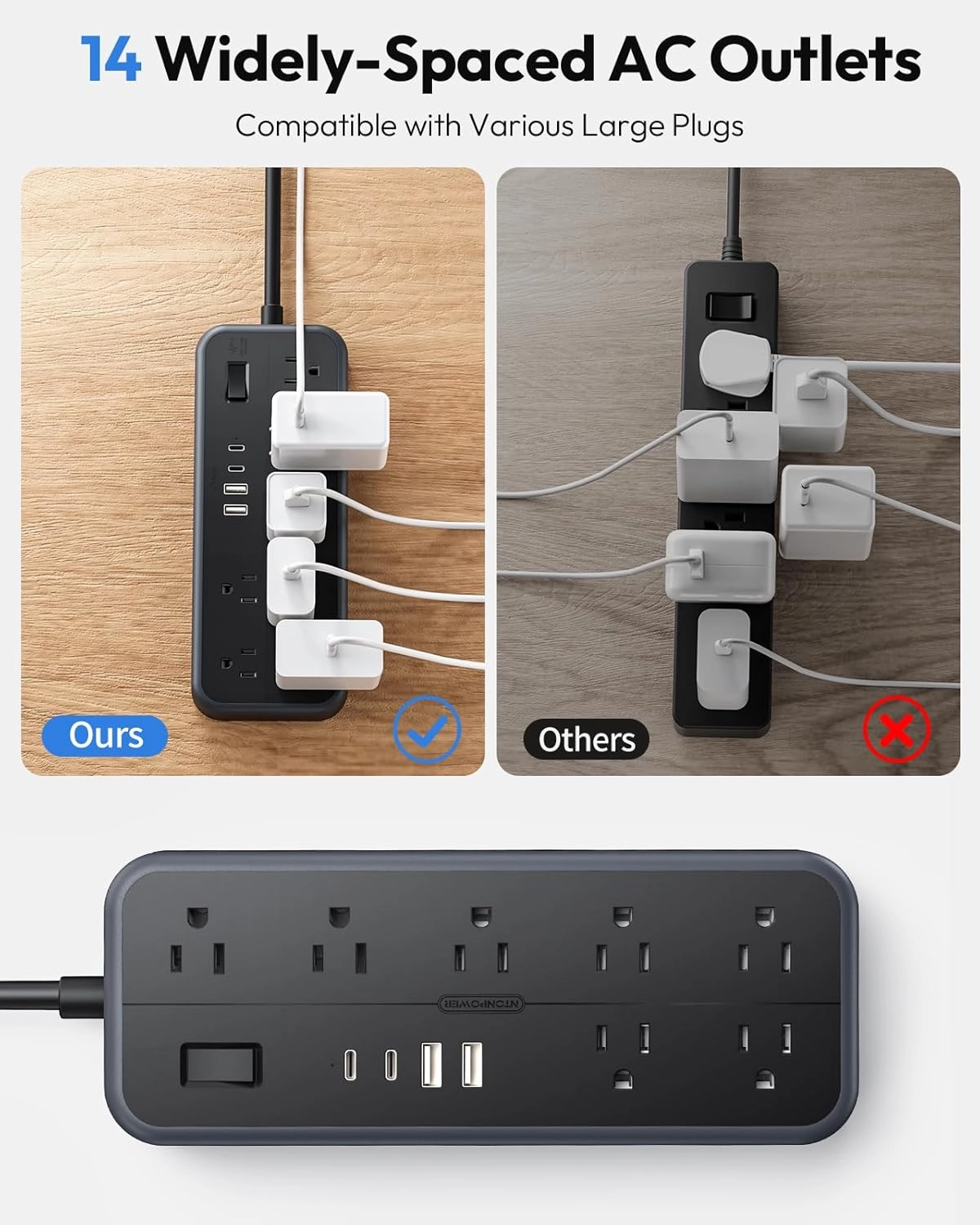 NTONPOWER Extension Cord 15 Ft with 14 AC Outlets and 4 USB Ports(2 USB C), Power Strips with Surge Protection 2700J, 1875W/15A Extension Cord Surge Protector Compatible with High-Power Appliances