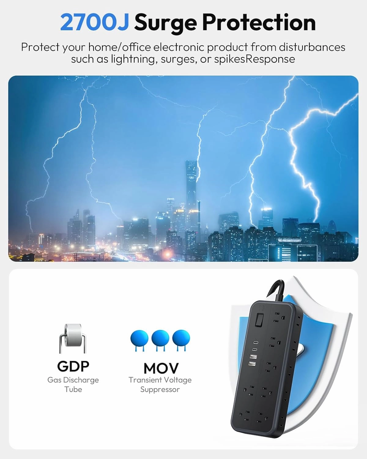 NTONPOWER Extension Cord 15 Ft with 14 AC Outlets and 4 USB Ports(2 USB C), Power Strips with Surge Protection 2700J, 1875W/15A Extension Cord Surge Protector Compatible with High-Power Appliances