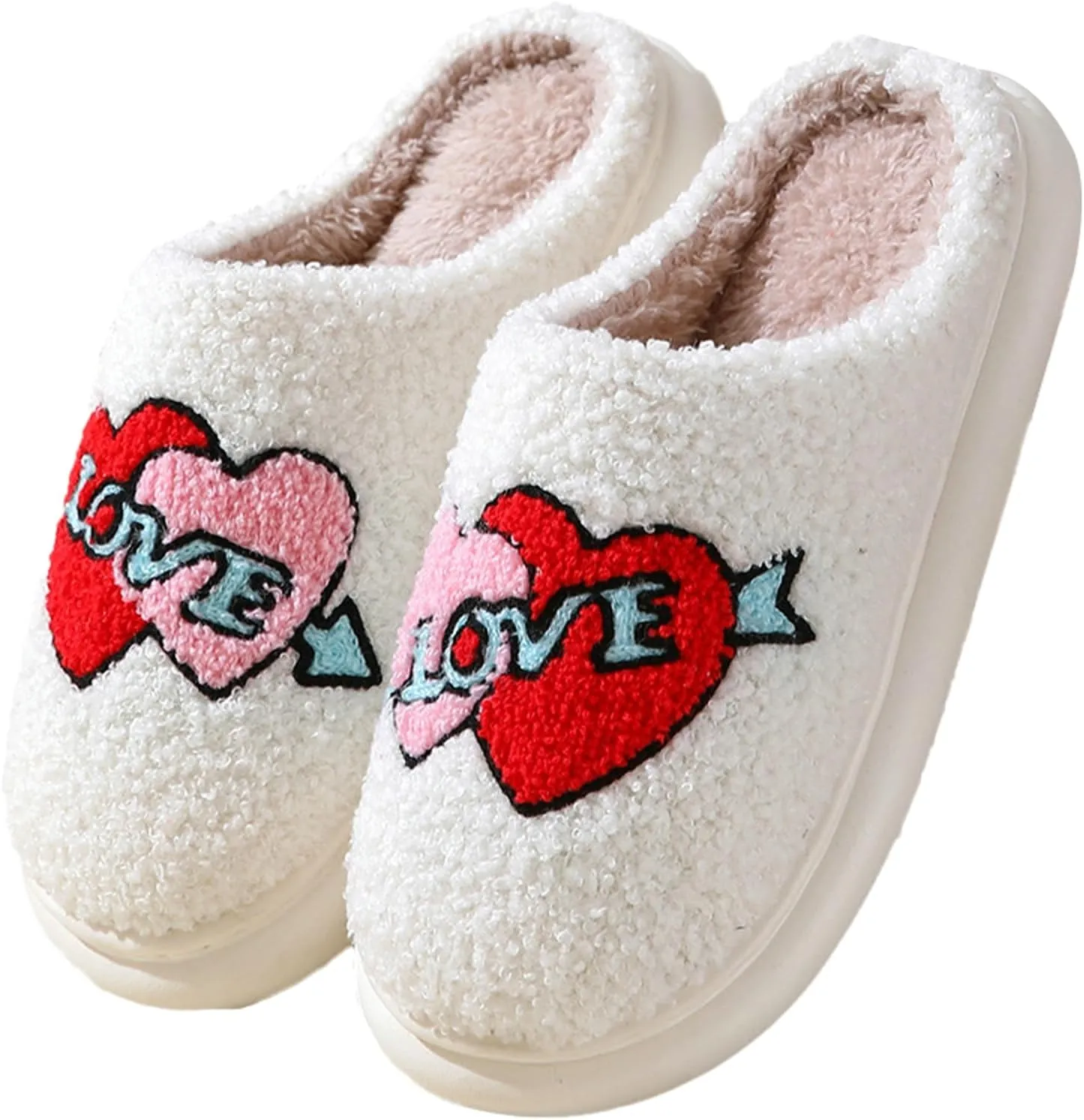 Obosoyo Plush Slippers Couples Cozy Heart Indoor Slippers Men Women Thick Sole Fuzzy Warm Winter