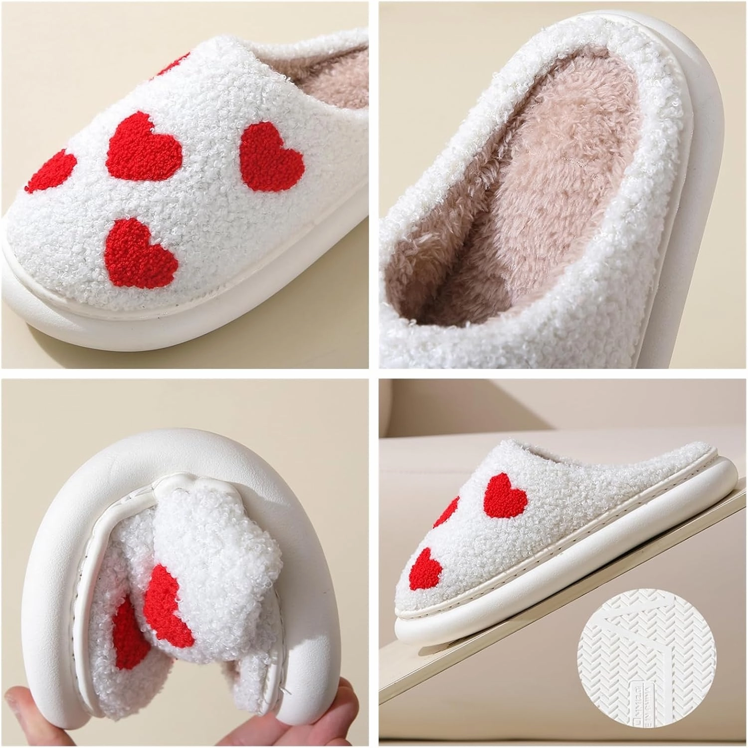 Obosoyo Plush Slippers Couples Cozy Heart Indoor Slippers Men Women Thick Sole Fuzzy Warm Winter