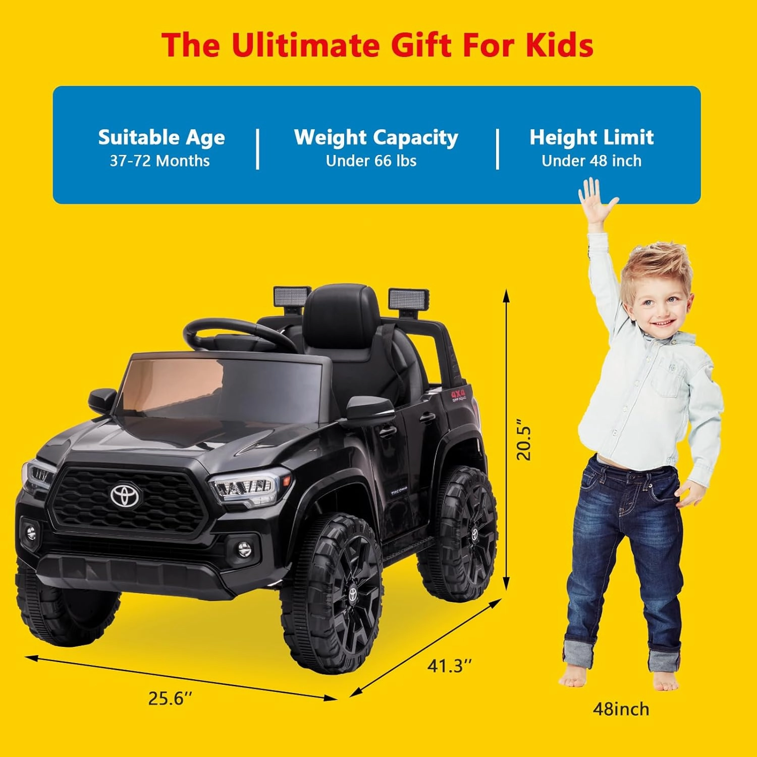 Officially Licensed Toyota Tacoma Car, 12V Battery Powered Electric Car with Remote Control, Spring Suspension Safety Belt, 2-Speed Ride On Toy Car with Headlights, for 37-96 Months (Black)