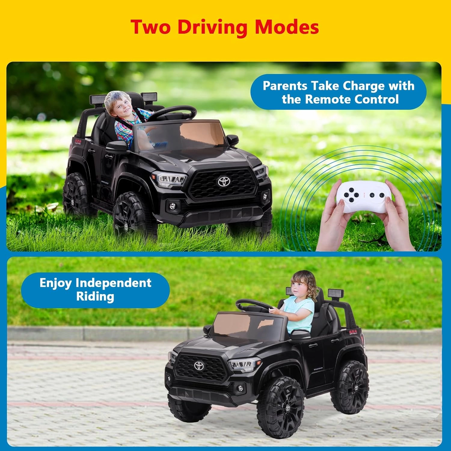 Officially Licensed Toyota Tacoma Car, 12V Battery Powered Electric Car with Remote Control, Spring Suspension Safety Belt, 2-Speed Ride On Toy Car with Headlights, for 37-96 Months (Black)