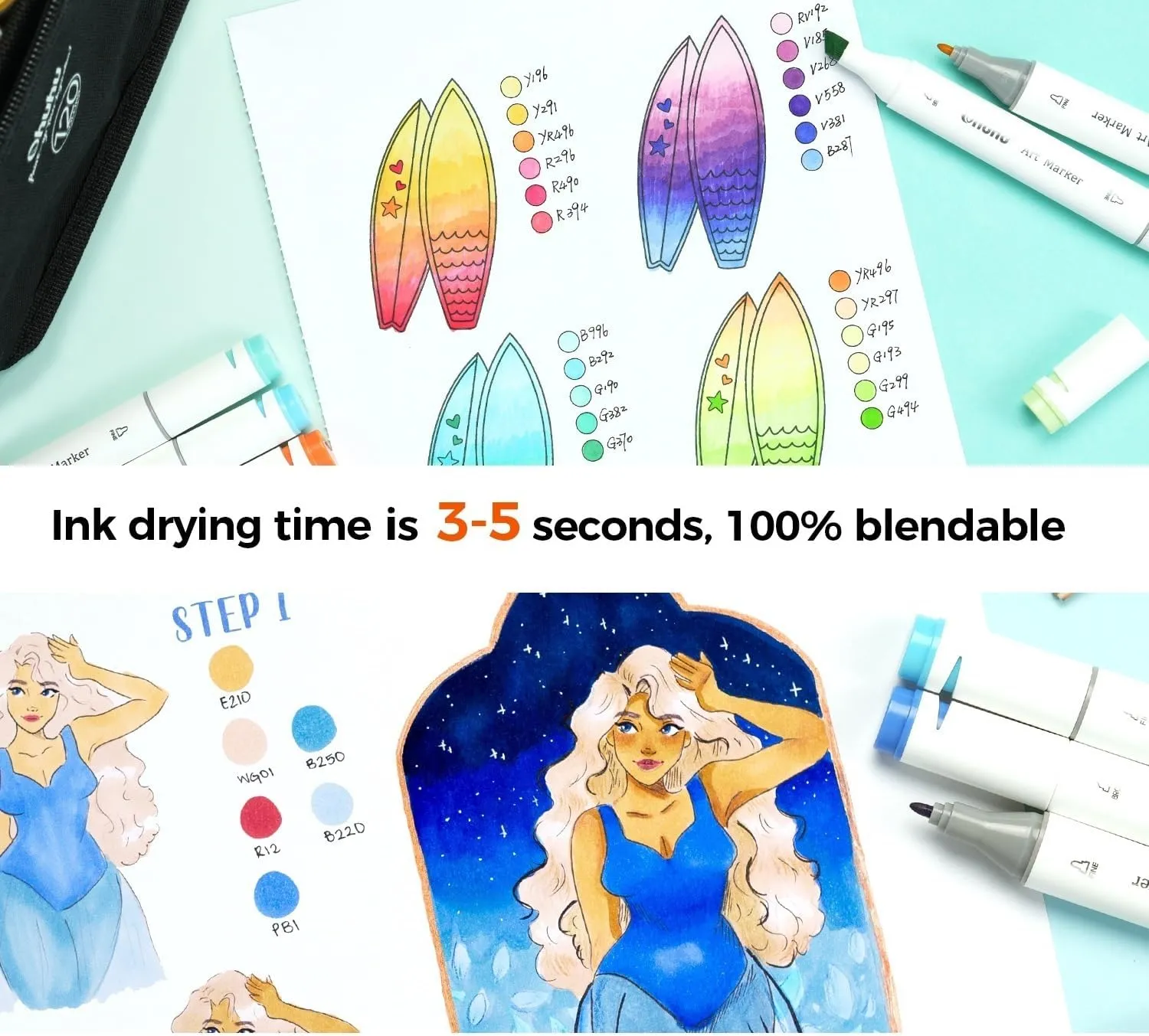 Ohuhu Double-Sided Marker Pads Art Sketchbook Bleedproof - 5.5"x8.5" Small Paper Size - 90 lb/150 gsm Smooth Drawing Paper - 60 Sheets/120 Pages, Spiral Bound Sketching Book for Alcohol Markers Paints