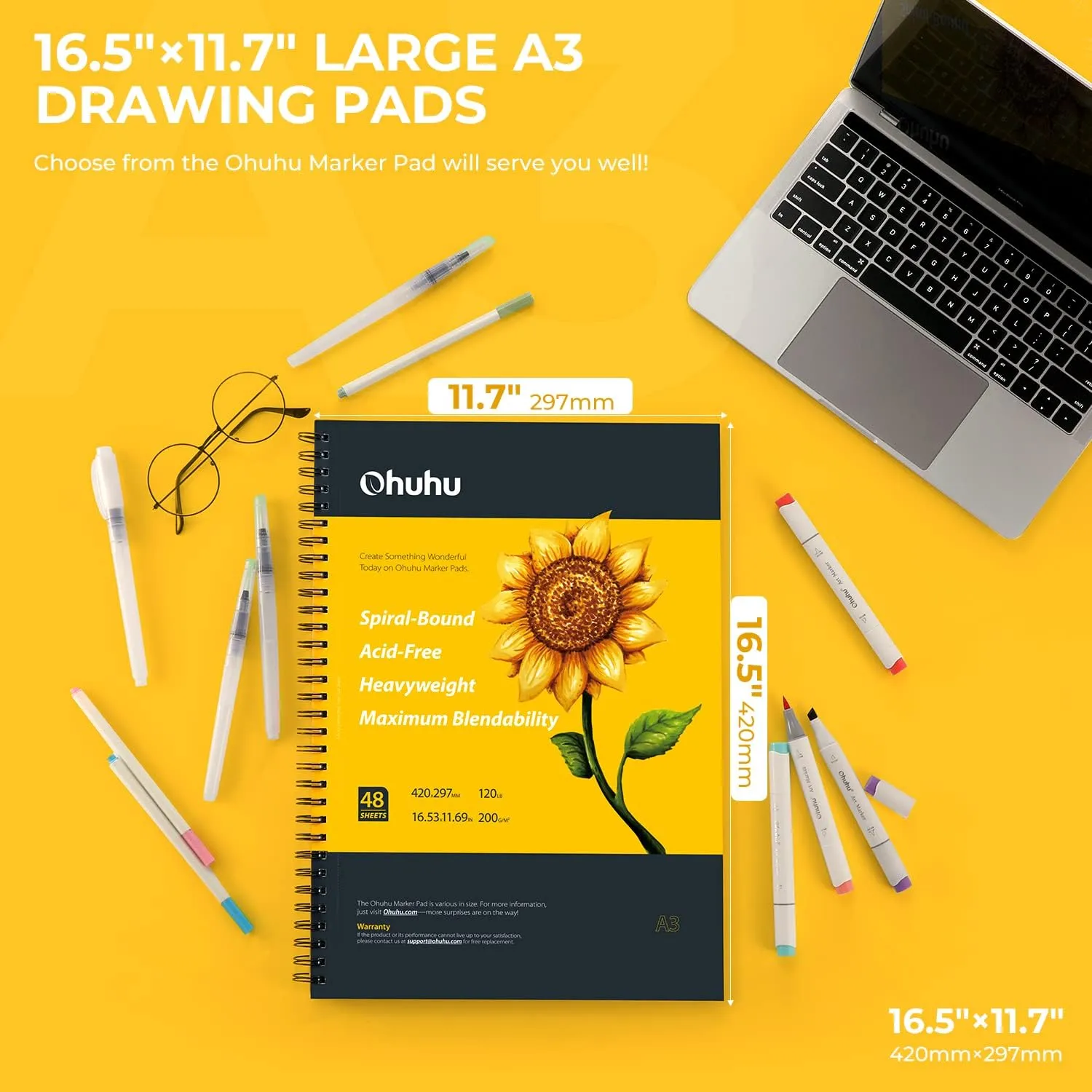Ohuhu Marker Pads Art Sketchbook, 16.5"x11.7" XL A3 Large Paper Size, 120 lb/200 GSM Heavy Smooth Drawing Papers, 48 Sheets/96 Pages, Spiral Bound Sketch Book for Alcohol Markers Christmas Gift