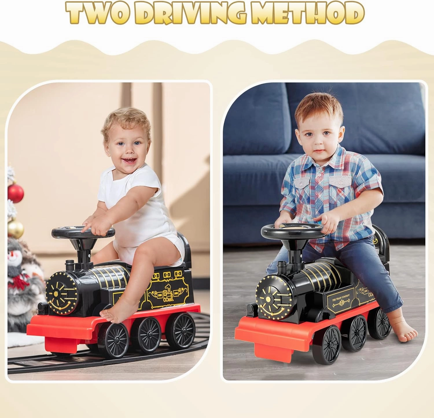 OLAKIDS Kids Ride On Train with Track, 6V Electric Toy with Lights and Sounds, Retractable Footrest, Under Seat Storage, Christmas Theme Battery Powered Gift for Toddlers Boys Girls (Retro Style)