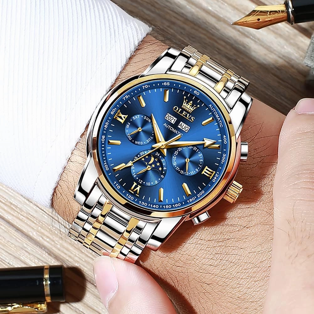 OLEVS Automatic Men Watch Self Winding Mechanical Luxury Dress Moon Phase Stainless Steel Waterproof Luminous Calendar Wrist Watch