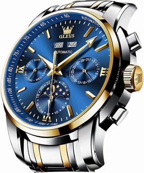 OLEVS Automatic Men Watch Self Winding Mechanical Luxury Dress Moon Phase Stainless Steel Waterproof Luminous Calendar Wrist Watch