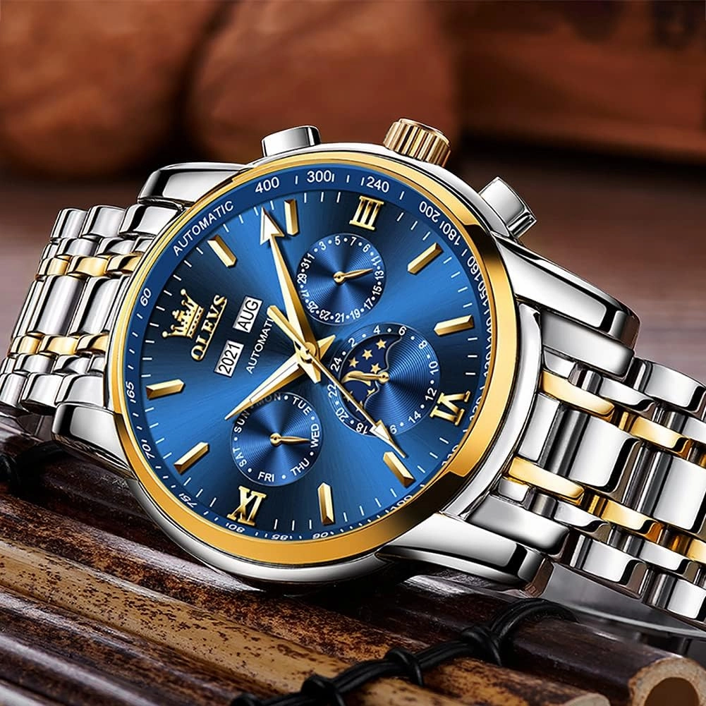 OLEVS Automatic Men Watch Self Winding Mechanical Luxury Dress Moon Phase Stainless Steel Waterproof Luminous Calendar Wrist Watch
