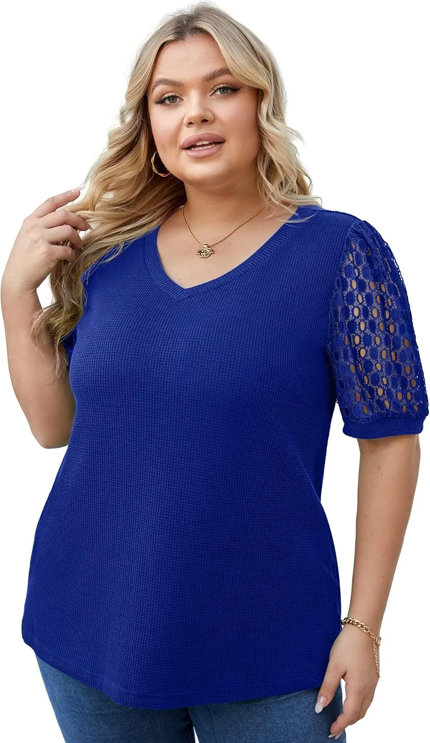 OLRIK Plus Size Tops for Women Summer Blouse Waffle Knit Short Lace Sleeve Shirts