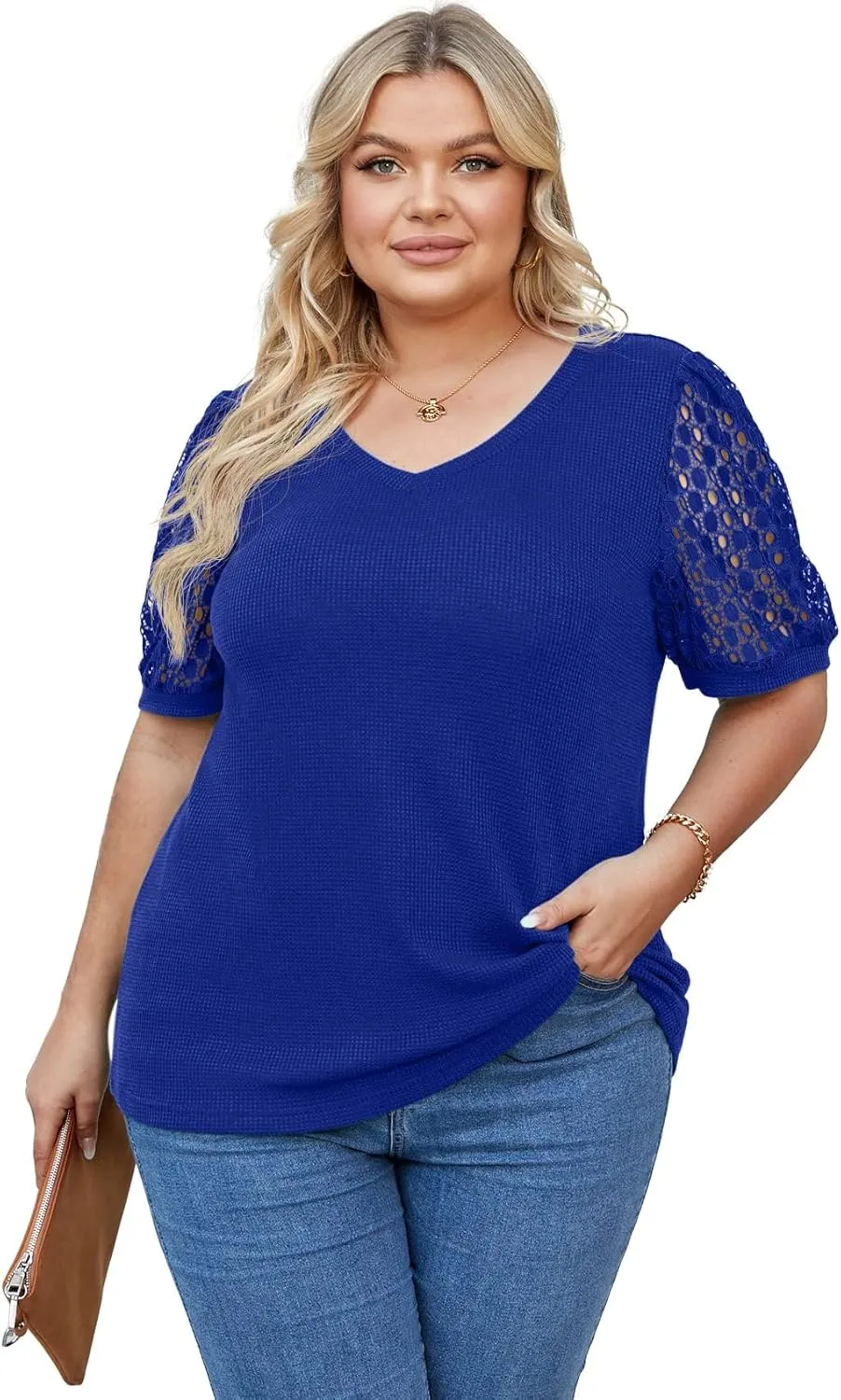 OLRIK Plus Size Tops for Women Summer Blouse Waffle Knit Short Lace Sleeve Shirts