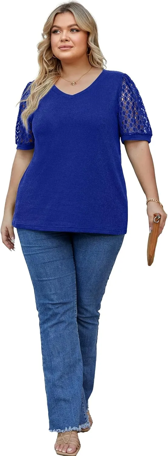 OLRIK Plus Size Tops for Women Summer Blouse Waffle Knit Short Lace Sleeve Shirts