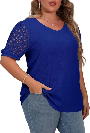 OLRIK Plus Size Tops for Women Summer Blouse Waffle Knit Short Lace Sleeve Shirts