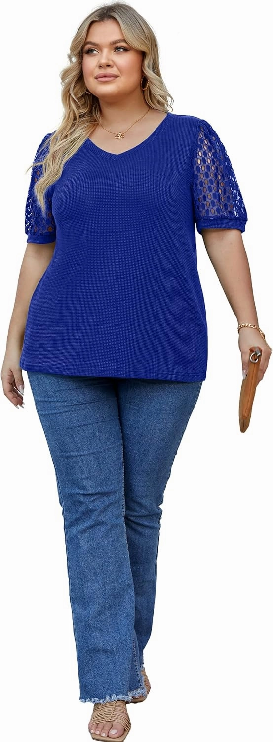 OLRIK Plus Size Tops for Women Summer Blouse Waffle Knit Short Lace Sleeve Shirts