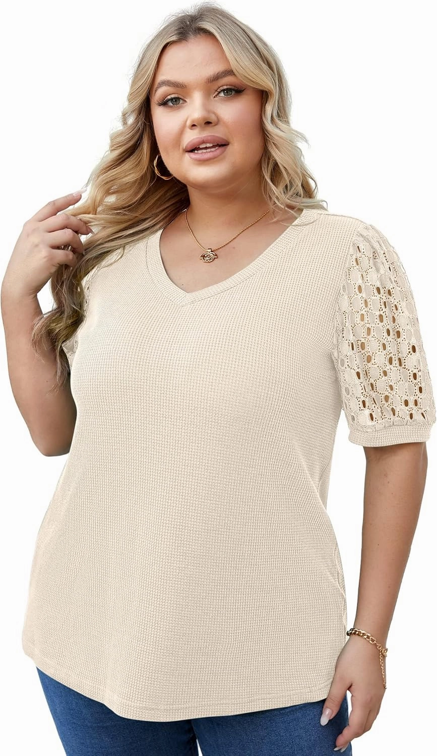 OLRIK Plus Size Tops for Women Summer Blouse Waffle Knit Short Lace Sleeve Shirts