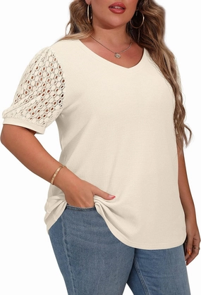 OLRIK Plus Size Tops for Women Summer Blouse Waffle Knit Short Lace Sleeve Shirts