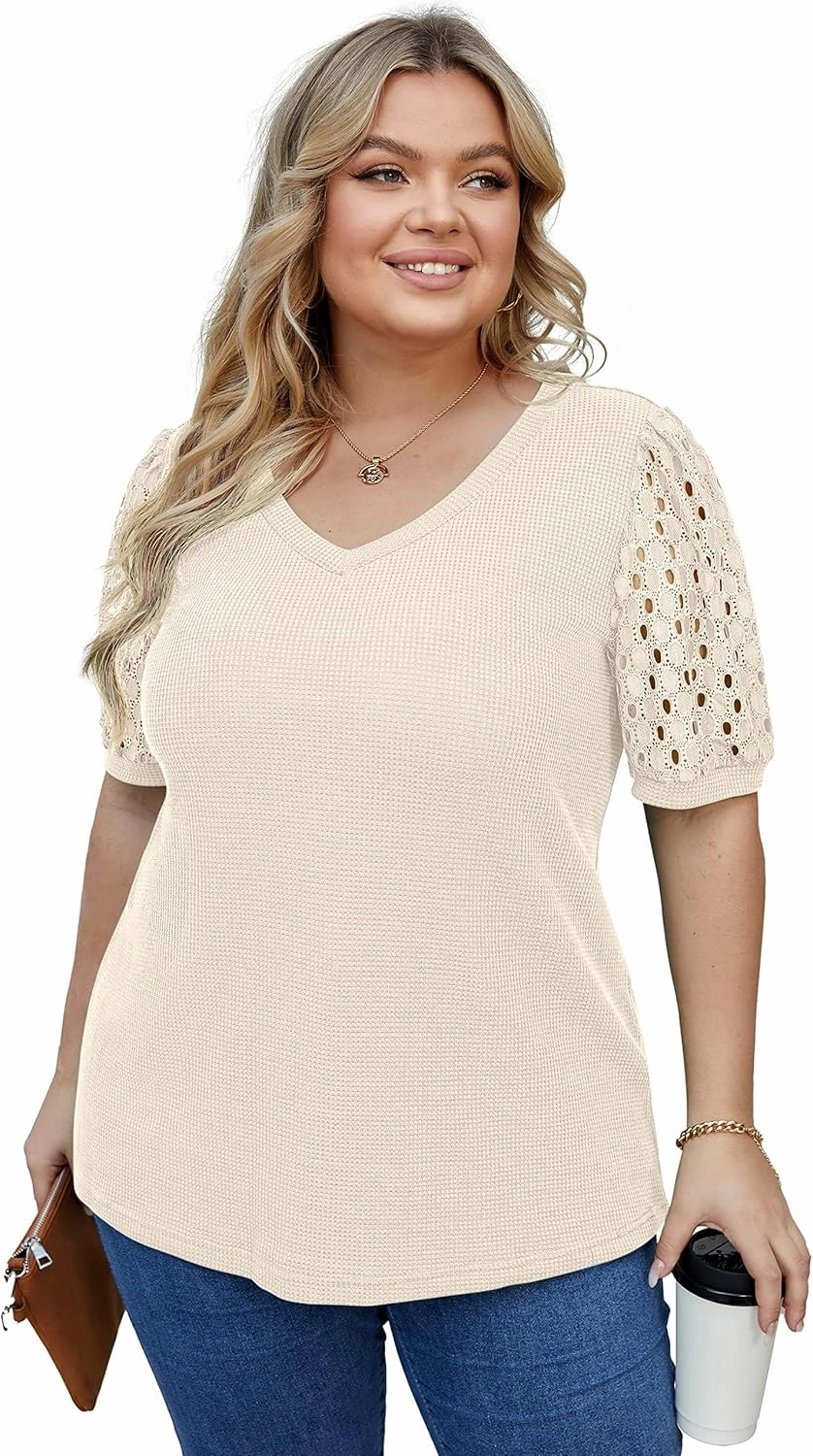 OLRIK Plus Size Tops for Women Summer Blouse Waffle Knit Short Lace Sleeve Shirts