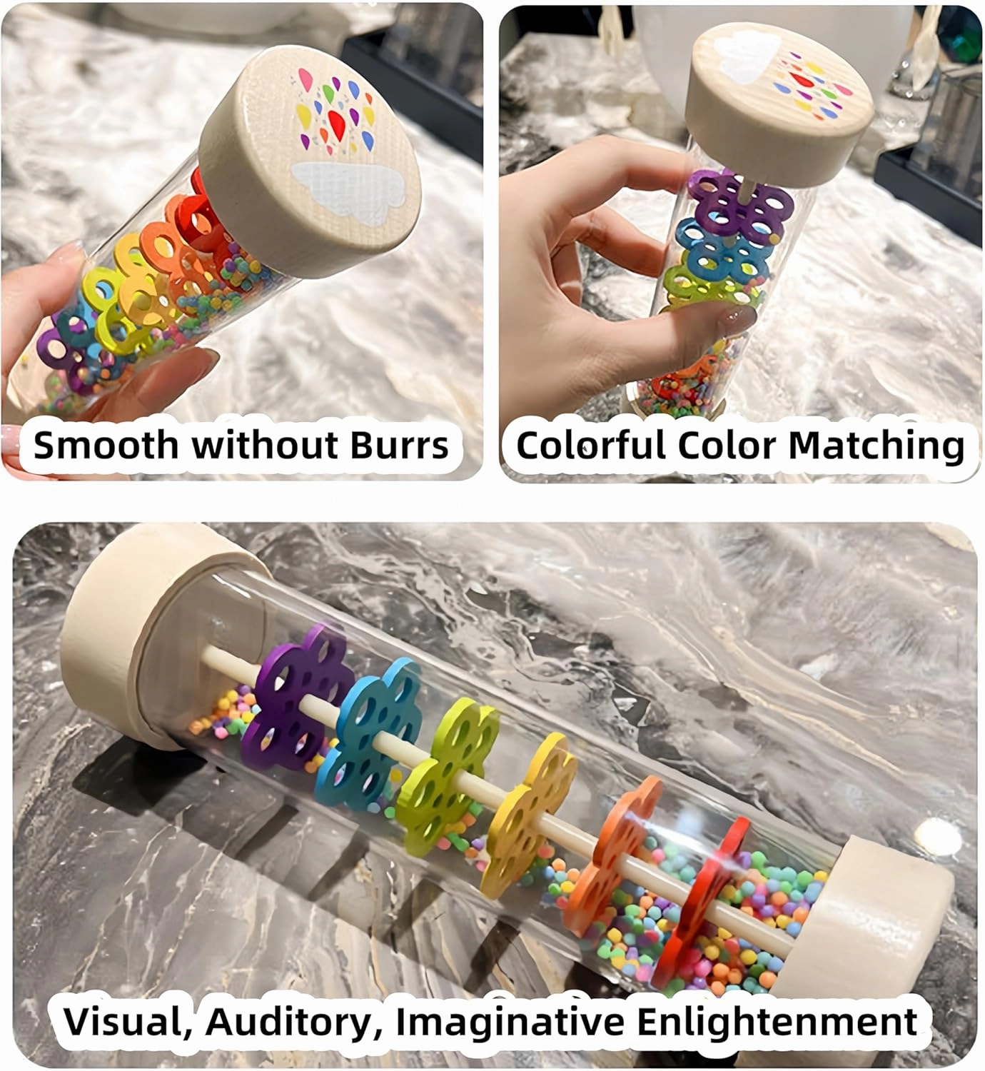 Oneshow Rain Sticks for Kids, Wooden Rainmaker Montessori Toys for Baby 6-12 Months, Rain Stick Baby Rattle Sensory Development Toys with Calming Rain Sounds Gifts for 1 Year Old Toddler 7.7"& 3.7"