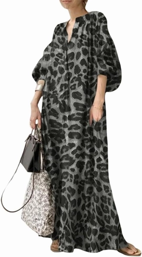 Oversized Dress for Women Lantern Long Sleeve Long Dress Casual V Neck Cotton Maxi Dress Plus Size Shirt Dress Pocket