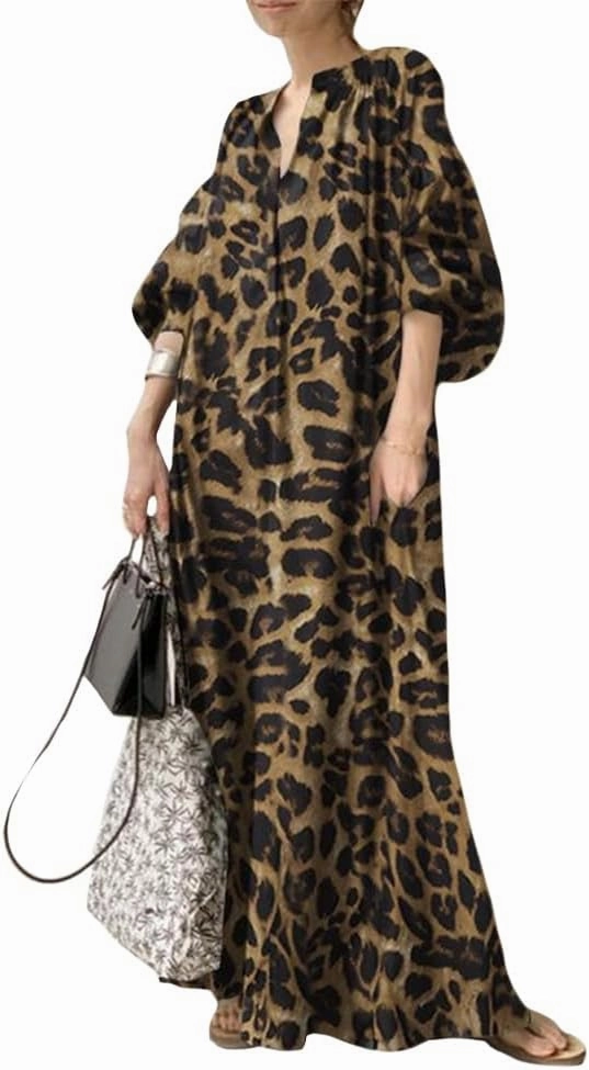 Oversized Dress for Women Lantern Long Sleeve Long Dress Casual V Neck Cotton Maxi Dress Plus Size Shirt Dress Pocket