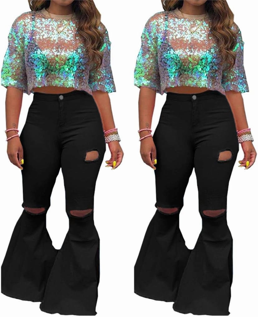Oversized Skinny Ripped Bell Bottom Jeans Plus Size High Waist Bootcut Classic Flared Jean Pants