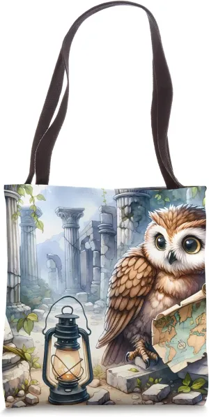 Owl Exploring Ruins With Map And Lantern. Crumbling Pillars Tote Bag